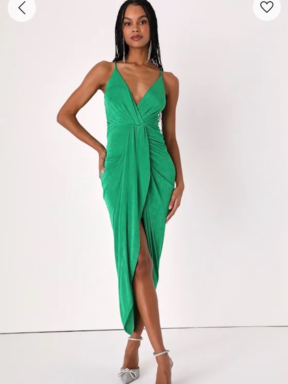 Lulu's Emerald Green Twist-Front V-Neck Midi Dress